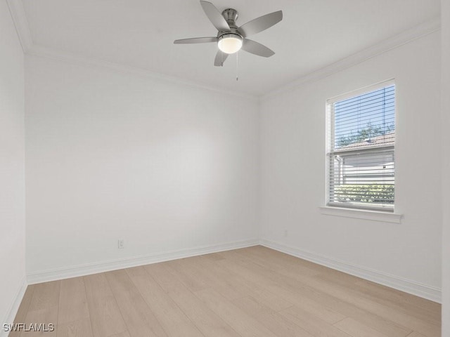 unfurnished room featuring crown molding, ceiling fan, and light hardwood / wood-style floors