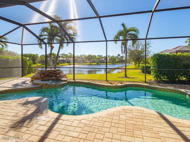 view of pool featuring a lanai, a patio, and a water view