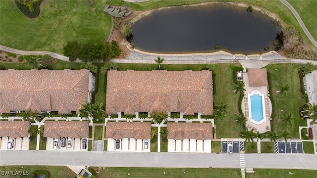 drone / aerial view featuring a water view