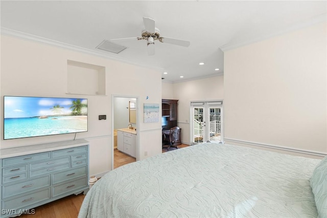 bedroom with french doors, light wood-type flooring, ceiling fan, crown molding, and connected bathroom