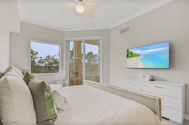 bedroom with ceiling fan, ornamental molding, and access to outside