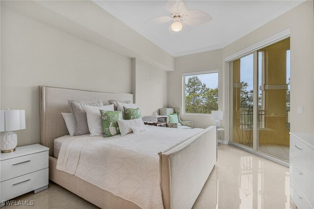 bedroom with ceiling fan, ornamental molding, light tile patterned floors, and access to outside