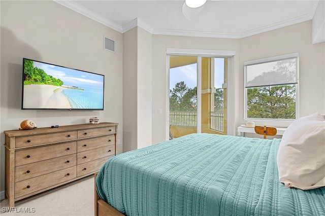 bedroom featuring crown molding, access to outside, and ceiling fan