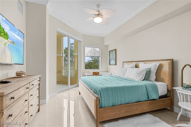 bedroom featuring access to outside, ornamental molding, and ceiling fan