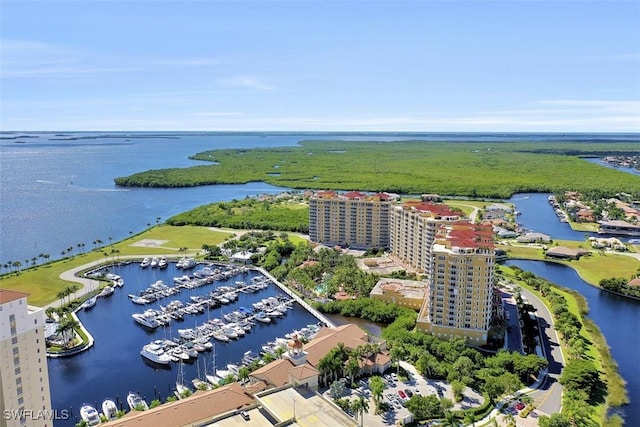 drone / aerial view featuring a water view