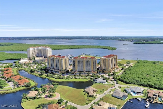 drone / aerial view with a water view