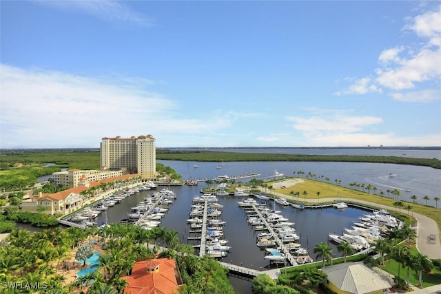 aerial view featuring a water view