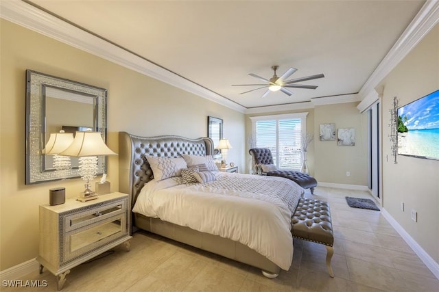 bedroom with ceiling fan and crown molding