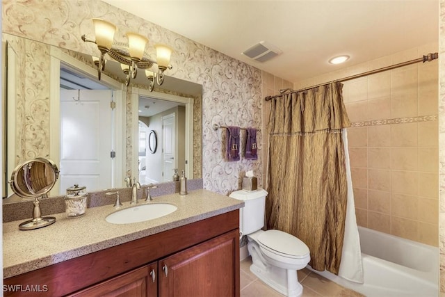 full bathroom with toilet, shower / bath combo, vanity, and tile patterned floors