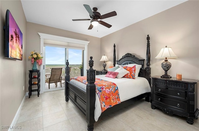 bedroom with ceiling fan and light tile patterned floors