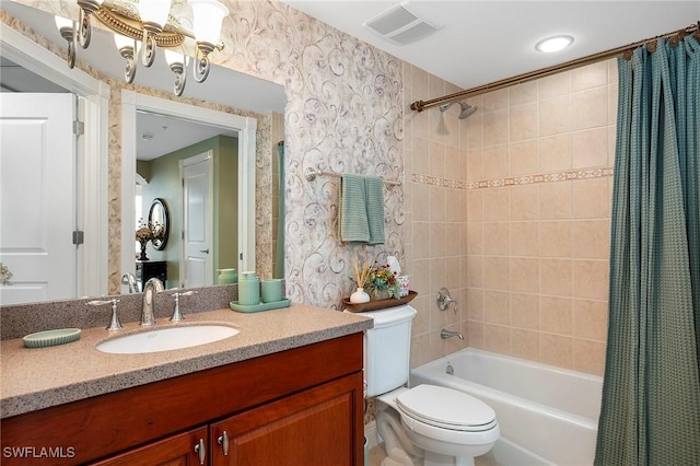 full bath with toilet, vanity, visible vents, shower / bath combination with curtain, and wallpapered walls