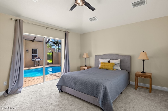 bedroom with access to outside, ceiling fan, and carpet