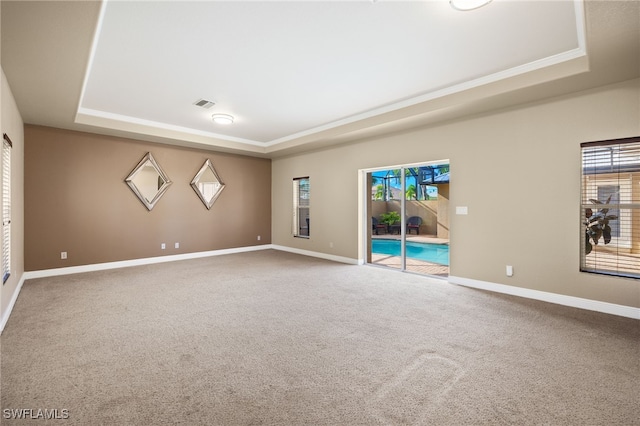 empty room with carpet floors and a tray ceiling