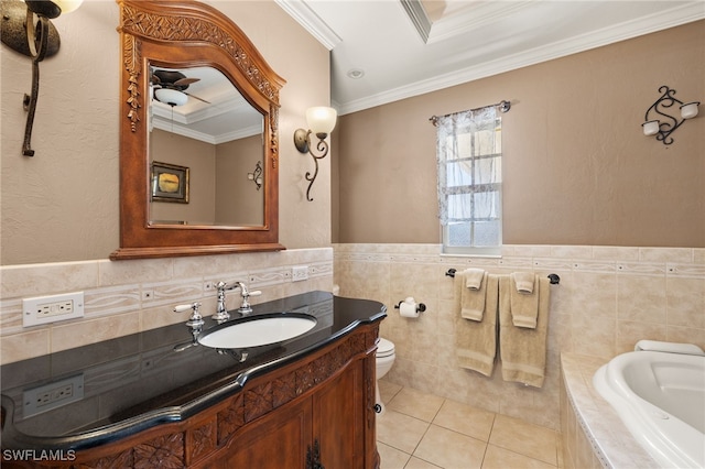 bathroom featuring tile patterned floors, toilet, crown molding, tile walls, and vanity