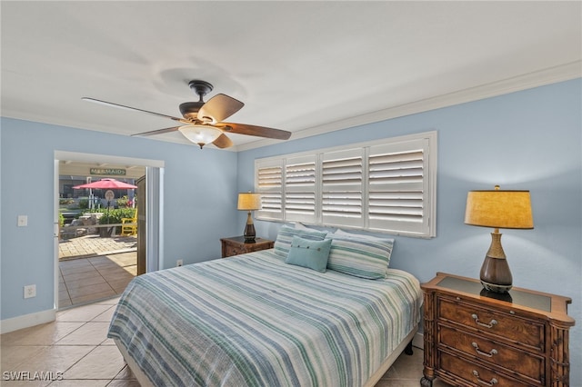 bedroom with access to outside, ornamental molding, ceiling fan, and light tile patterned flooring