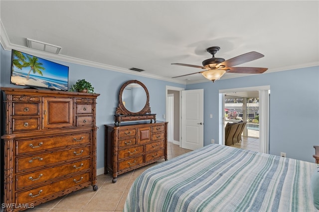 bedroom featuring crown molding, ceiling fan, and light tile patterned flooring