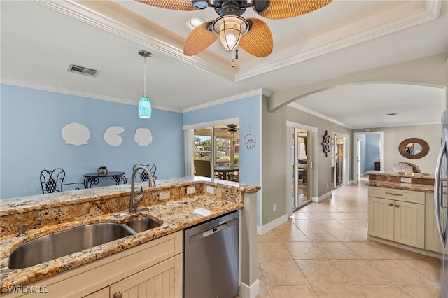 kitchen with light tile patterned flooring, sink, crown molding, appliances with stainless steel finishes, and ceiling fan