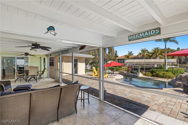 view of patio with an outdoor hangout area and ceiling fan