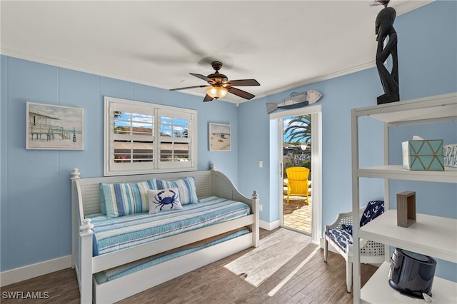 bedroom with wood-type flooring, ornamental molding, access to outside, and ceiling fan