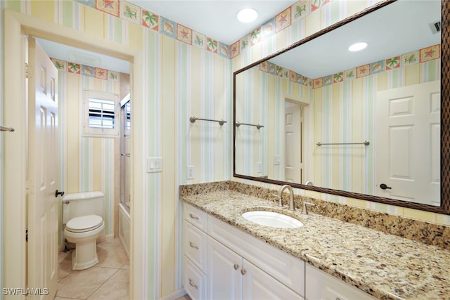 full bathroom featuring tile patterned floors, vanity, shower / bath combination, and toilet