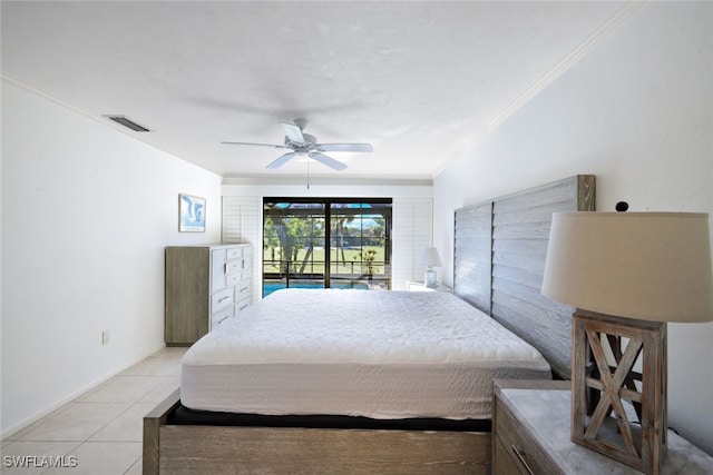 bedroom with access to outside, ceiling fan, crown molding, and light tile patterned flooring