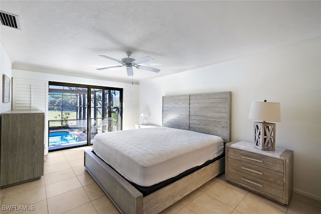 bedroom with access to exterior, ceiling fan, and light tile patterned flooring