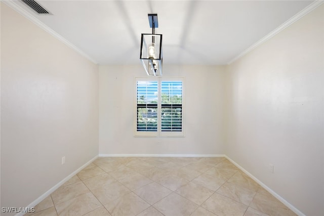 unfurnished dining area featuring light tile patterned flooring and ornamental molding