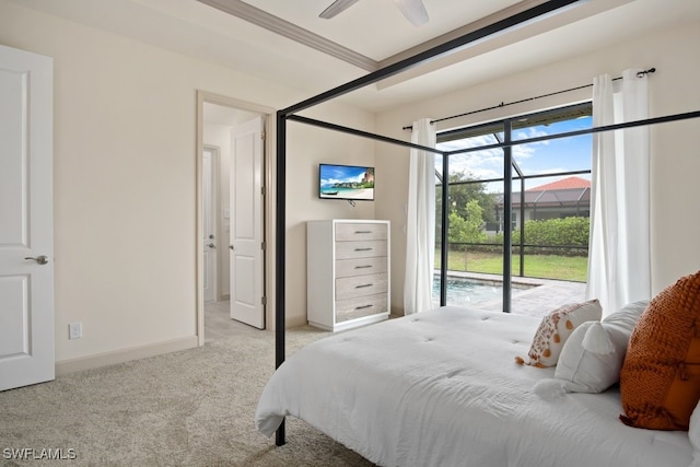 carpeted bedroom with access to exterior and ceiling fan