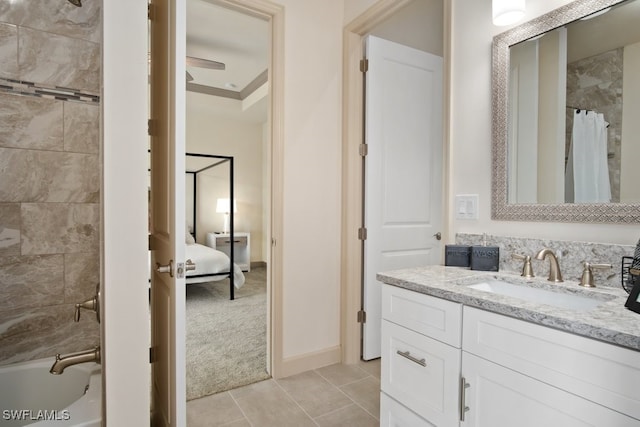 bathroom with shower / tub combo with curtain, tile patterned flooring, vanity, ornamental molding, and ceiling fan