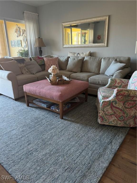 living room with dark hardwood / wood-style floors