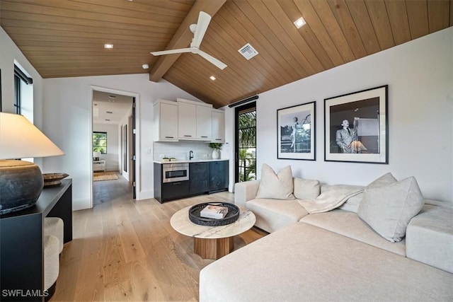 living room with lofted ceiling with beams, ceiling fan, light hardwood / wood-style flooring, and wooden ceiling