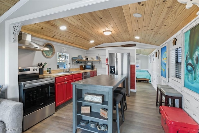 kitchen featuring wooden ceiling, vaulted ceiling, appliances with stainless steel finishes, sink, and range hood