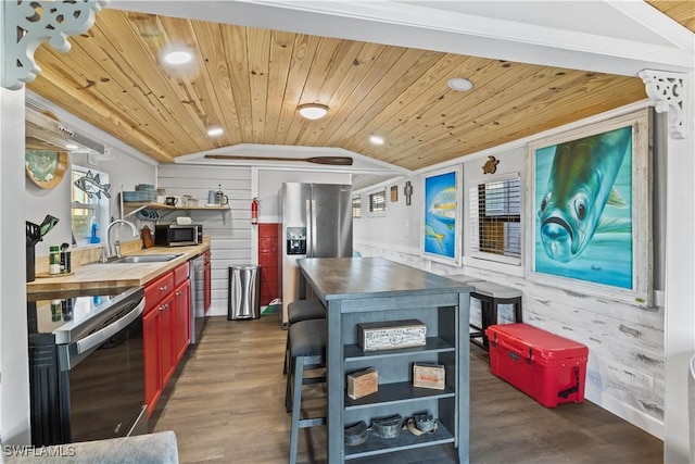 kitchen featuring sink, wooden ceiling, lofted ceiling, wood walls, and appliances with stainless steel finishes