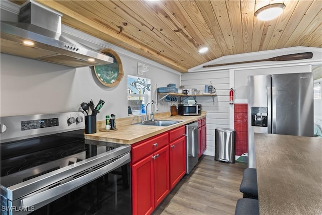 kitchen with stainless steel appliances, sink, lofted ceiling, extractor fan, and wood ceiling