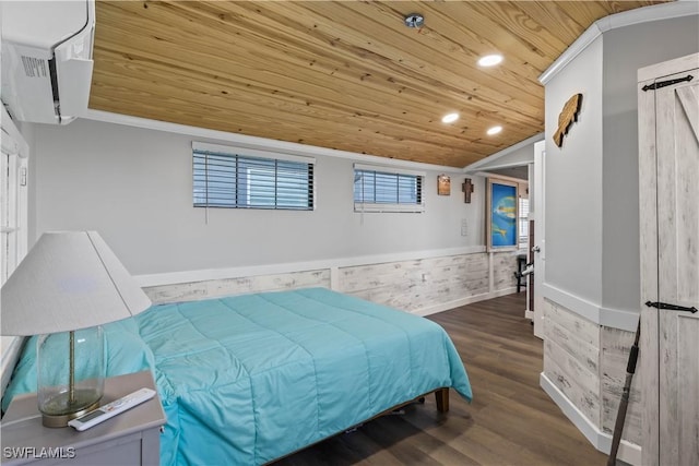 bedroom with wood ceiling, lofted ceiling, and dark hardwood / wood-style floors