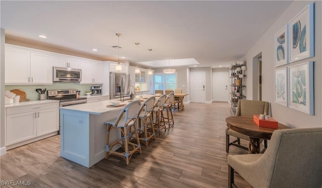 kitchen with white cabinetry, a kitchen island with sink, pendant lighting, and stainless steel appliances