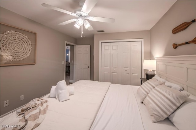 bedroom with ceiling fan and a closet