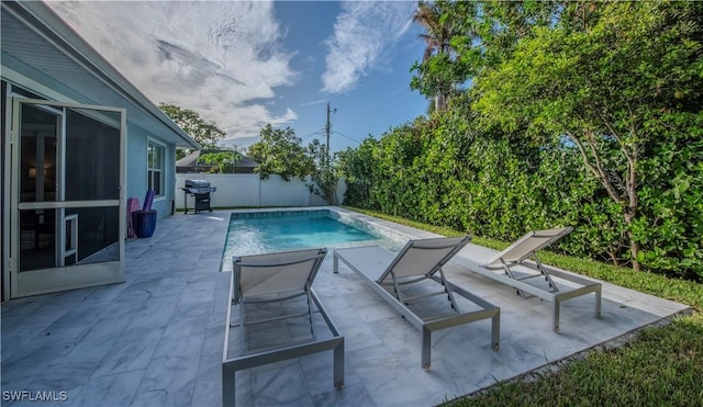 view of pool with grilling area and a patio