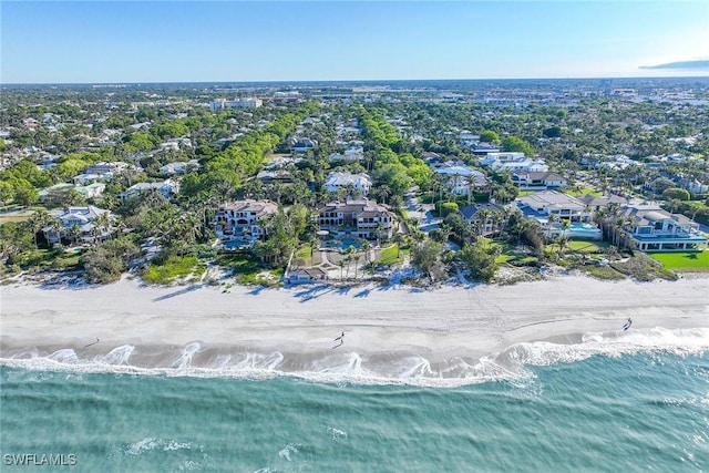 aerial view featuring a water view and a view of the beach