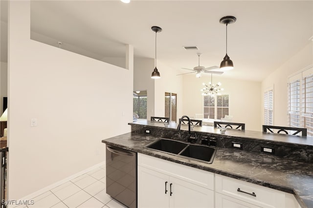 kitchen with light tile patterned floors, dishwasher, decorative light fixtures, white cabinetry, and a sink