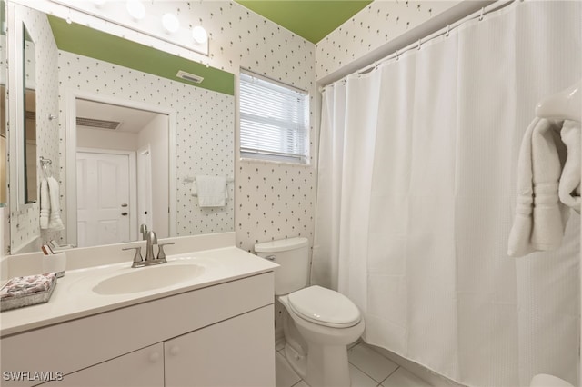 full bath featuring tile patterned flooring, vanity, toilet, and wallpapered walls