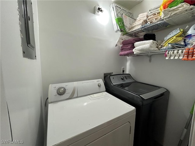 washroom with washing machine and dryer and electric panel