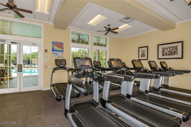 exercise room with ceiling fan, ornamental molding, a wealth of natural light, and french doors