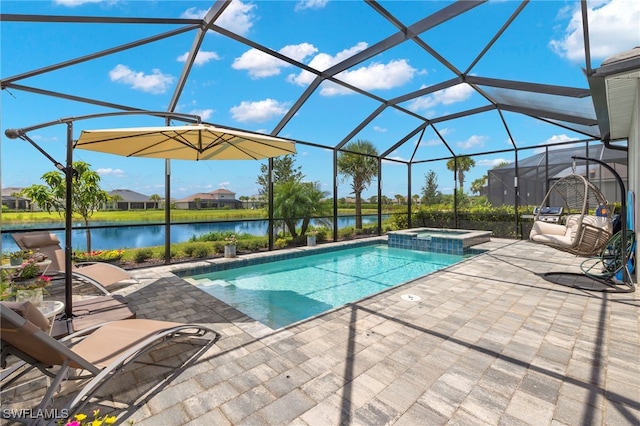 view of pool featuring a lanai, an in ground hot tub, a water view, and a patio