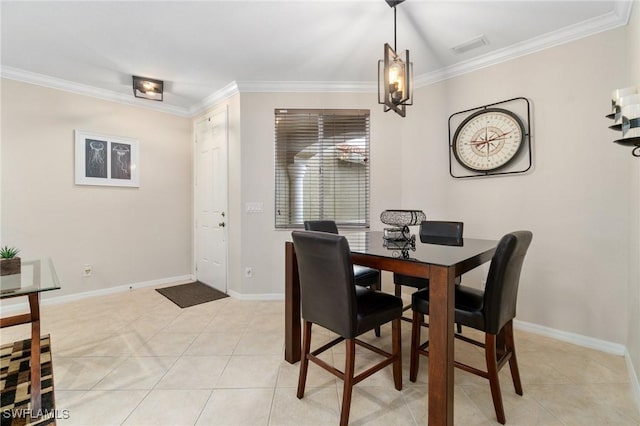 tiled dining room with lofted ceiling and ornamental molding