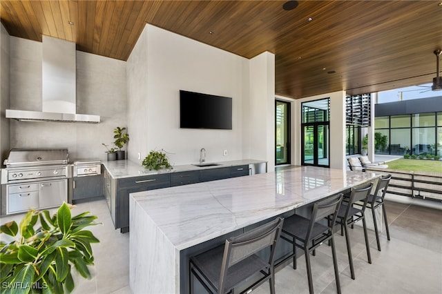 view of patio with area for grilling, an outdoor kitchen, outdoor wet bar, and a sink