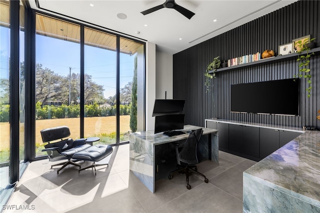 office featuring expansive windows and ceiling fan