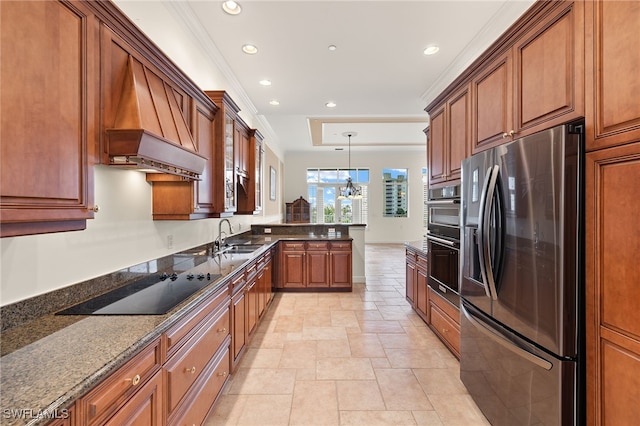 kitchen featuring crown molding, dark stone countertops, black appliances, decorative light fixtures, and a chandelier