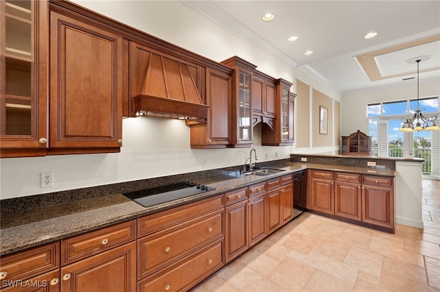 kitchen featuring decorative light fixtures, sink, a chandelier, custom exhaust hood, and black appliances