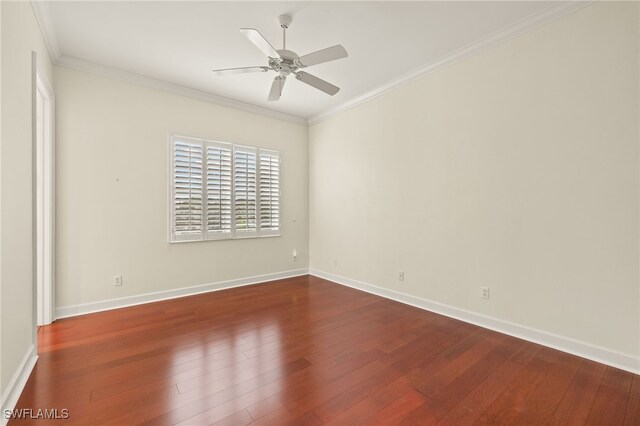 unfurnished room with crown molding, hardwood / wood-style floors, and ceiling fan